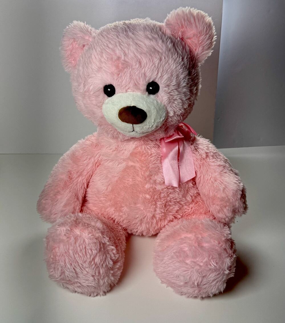 Pink Classic Bear Plush Teddy Bear 16 in w/ Bow Ribbon, Black Eyes